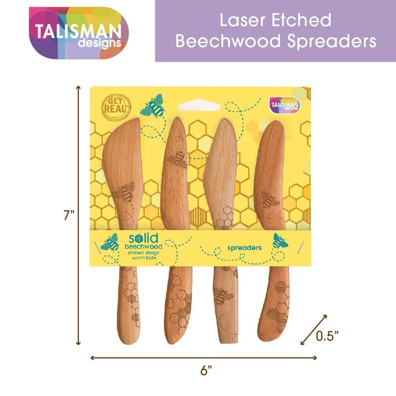 Talisman Designs Laser Etched Beechwood Spreaders | Set of 4 Honey Bee Design | Cutting, & Spreading Cheese | Cute & Functional - Image 3